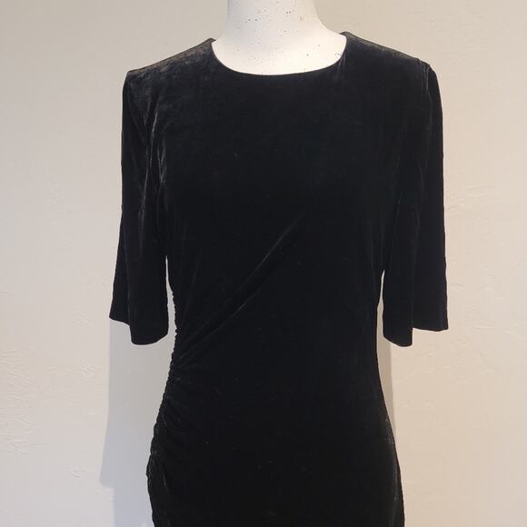 LK Bennett "Dr Kara" Black Velvet Ruched Round Neck Midi Dress Silk Blend US 4 - Picture 7 of 13